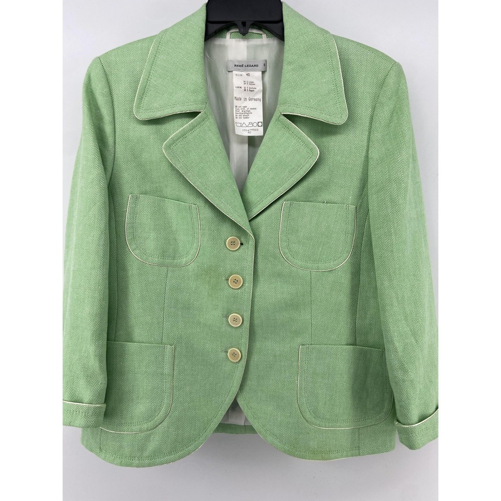 Rene Lezard Blazer Womens US 10 Green‎ Linen Cotton Herringbone 4 Button Germany